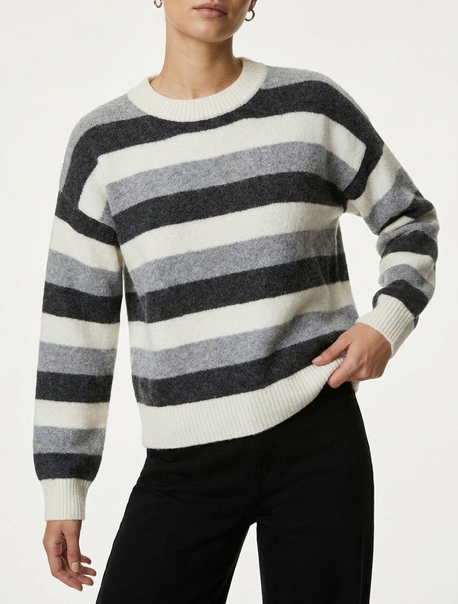 Pull droit rayé à col rond - Gris