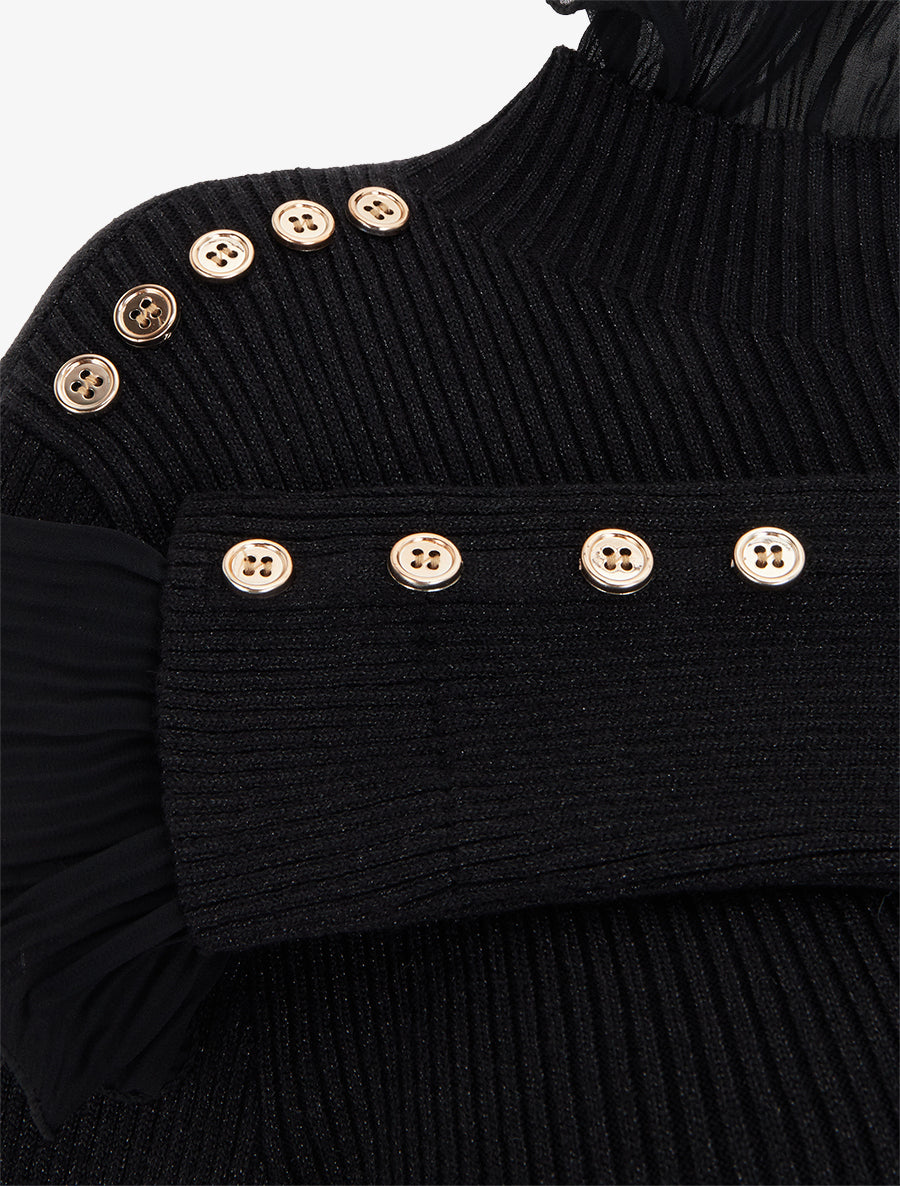 Pull côtelé et pailleté à col montant volanté - Noir - 3