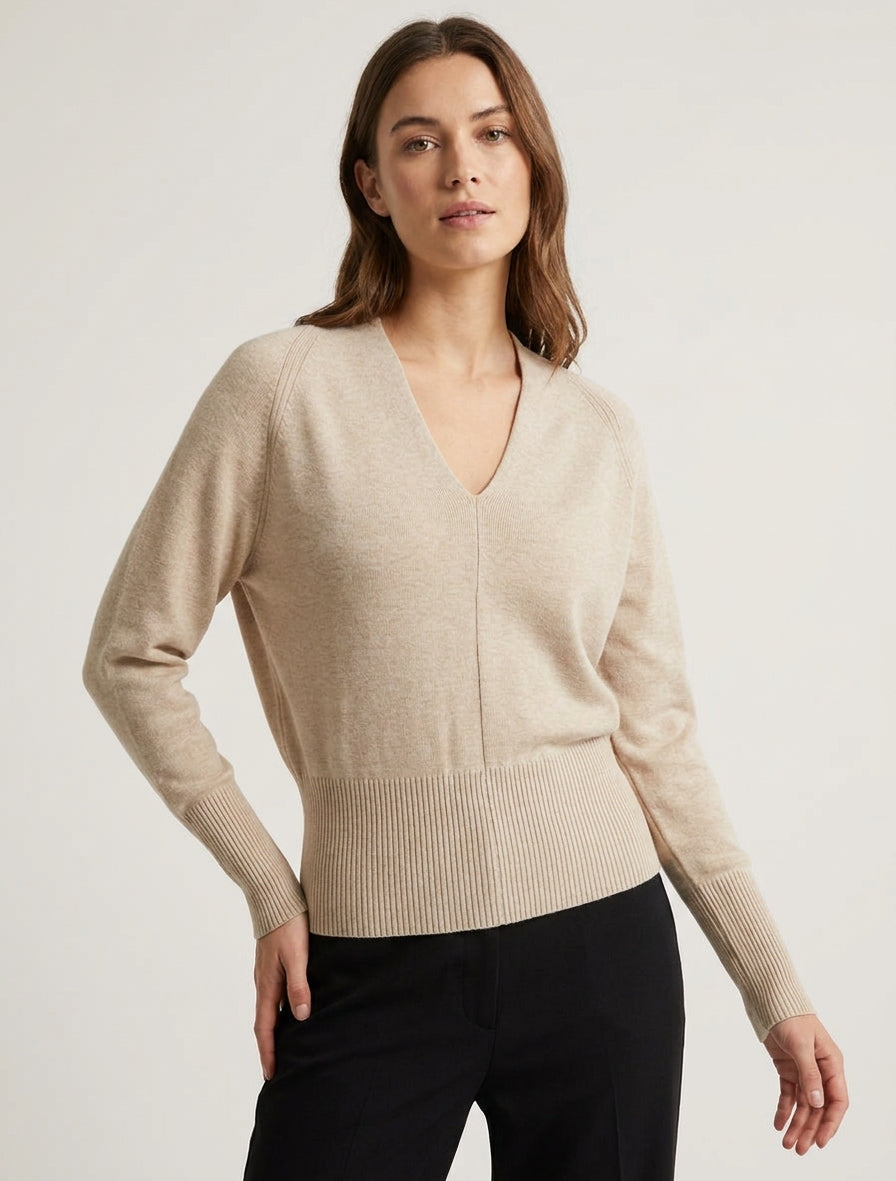 Pull uni à col V - Taupe
