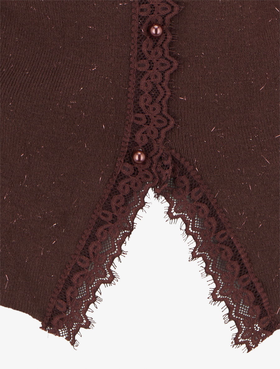 Pull côtelé à fils irisés et dentelle - Marron - 3