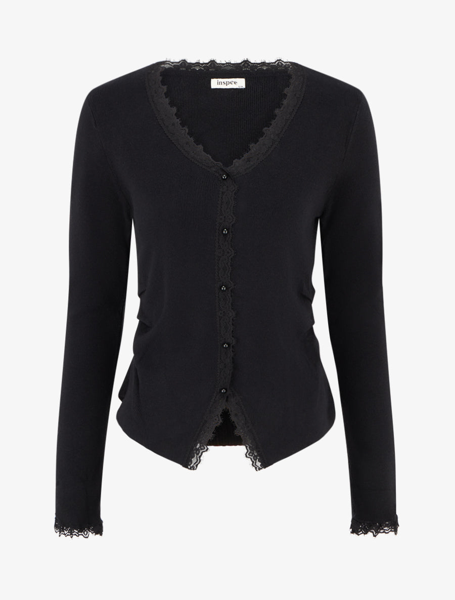 Pull côtelé à fils irisés et dentelle - Noir - 1