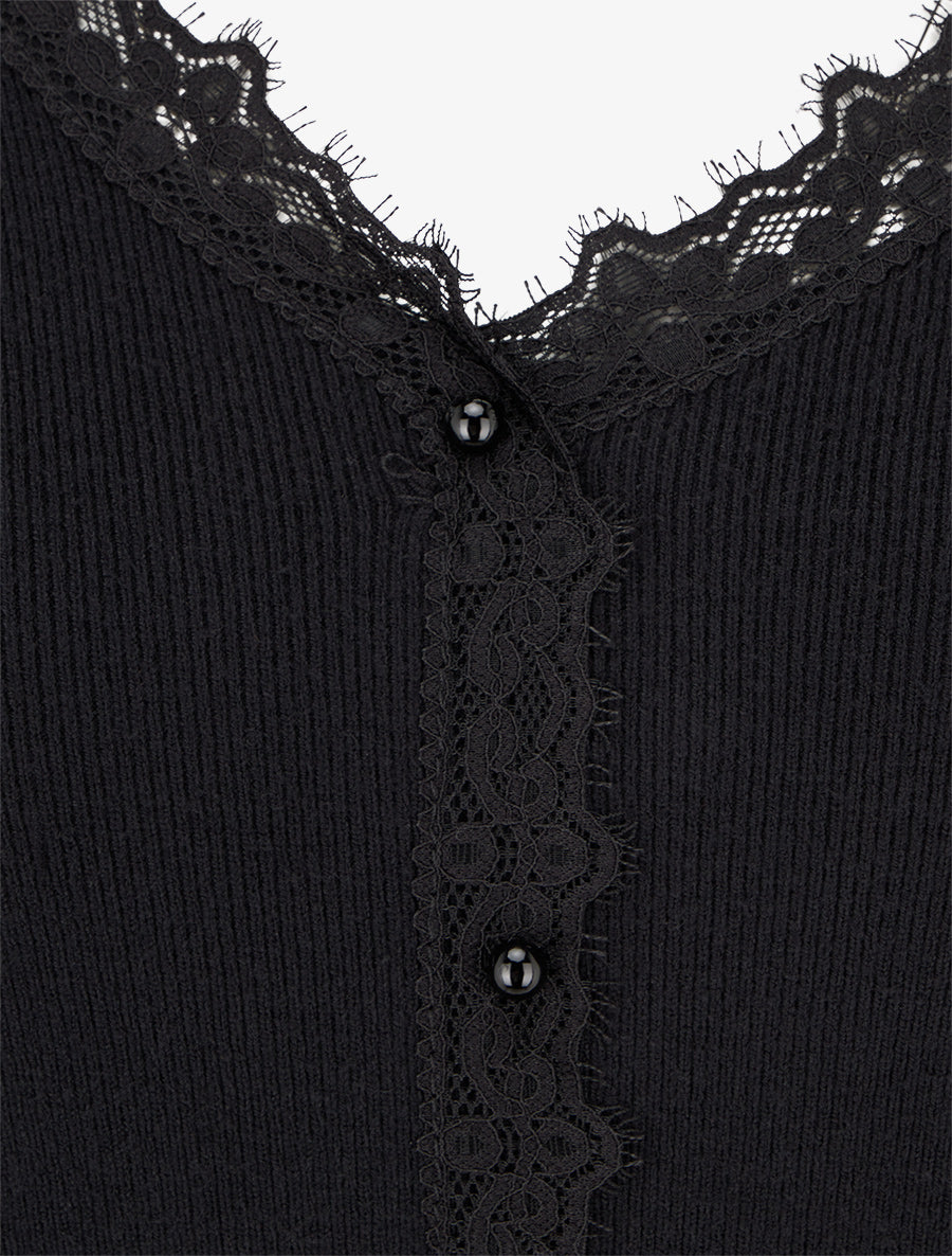 Pull côtelé à fils irisés et dentelle - Noir - 3