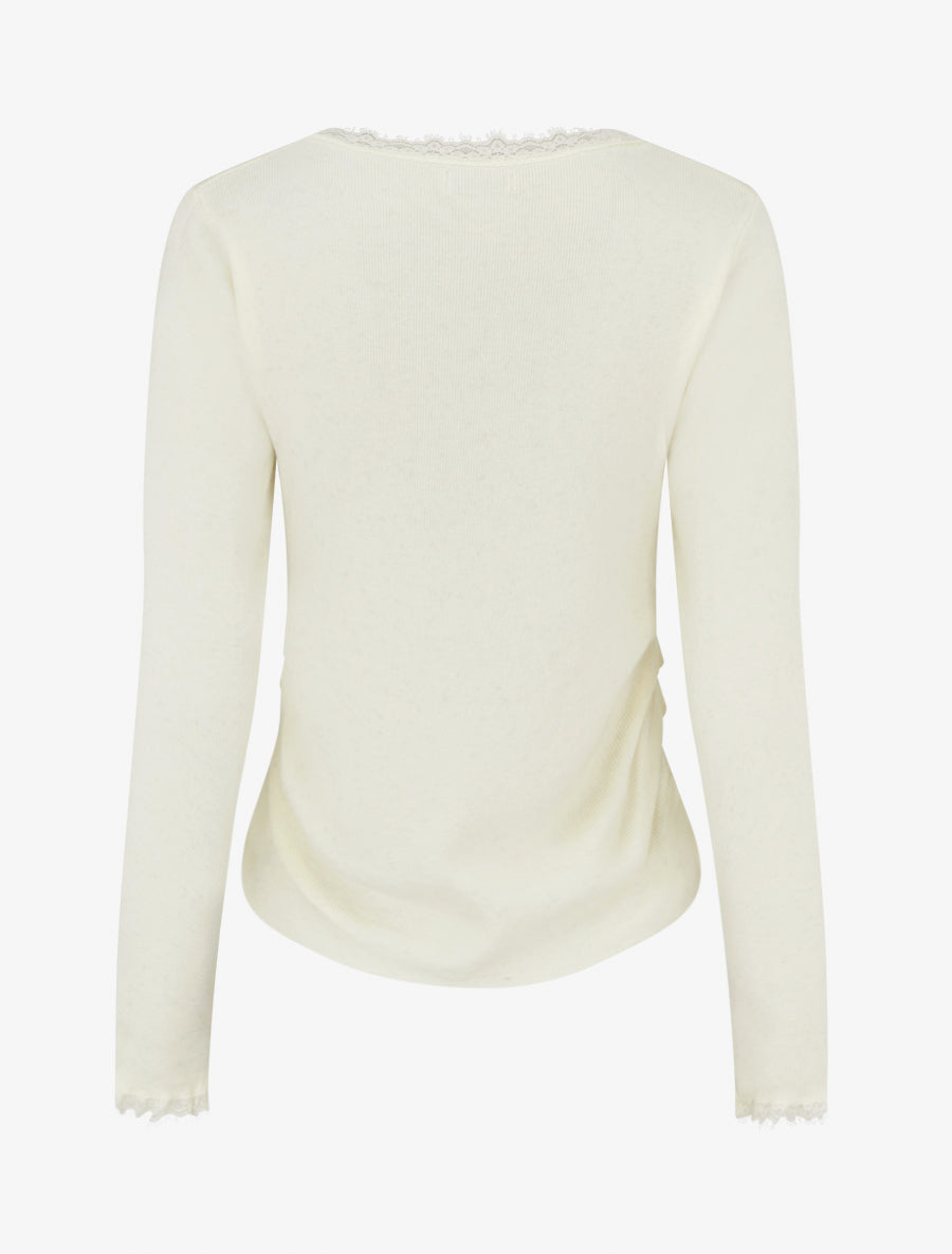 Pull côtelé à fils irisés et dentelle - Blanc - 2