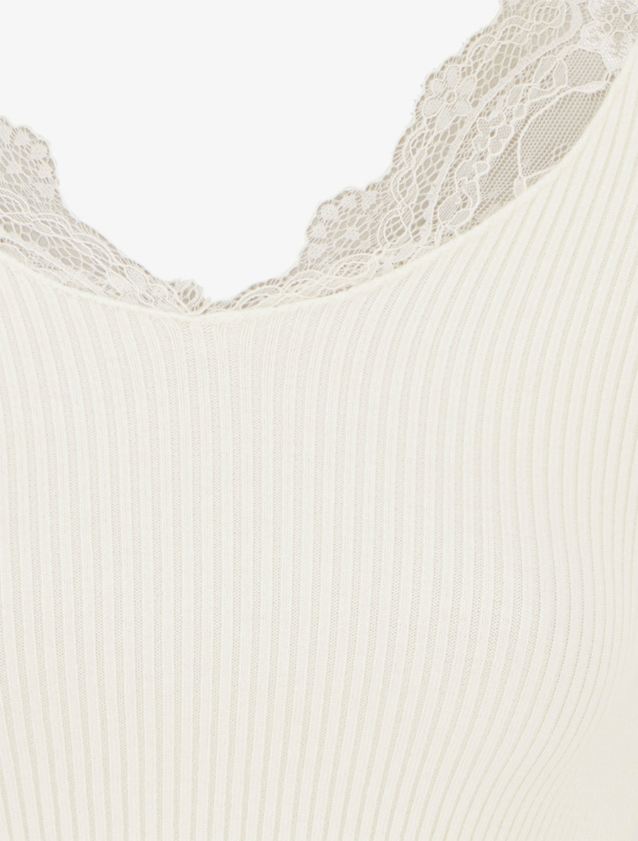 Pull côtelé à col en dentelle - Crème - 3