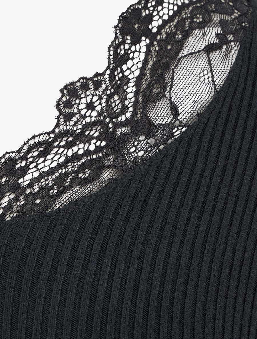 Pull côtelé à col en dentelle - Noir - 3
