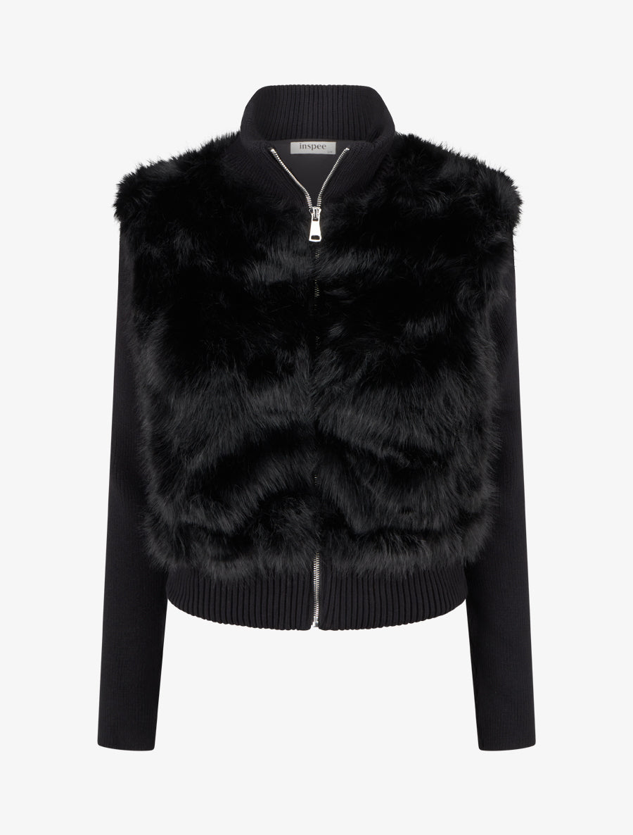 Veste côtelée à empiècement fourrure synthétique - Noir - 1
