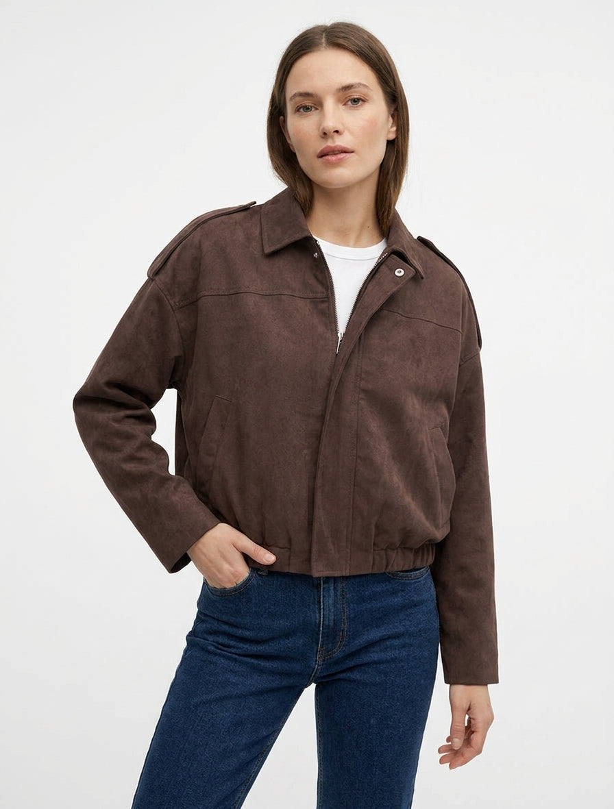 Bomber uni effet daim - Marron