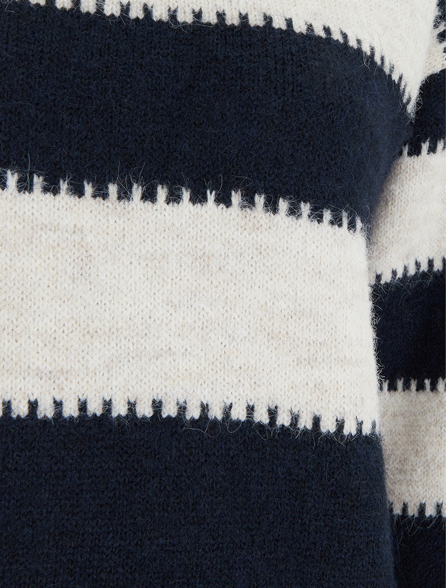 Pull droit à col rond et rayures stylisées - Marine - 3