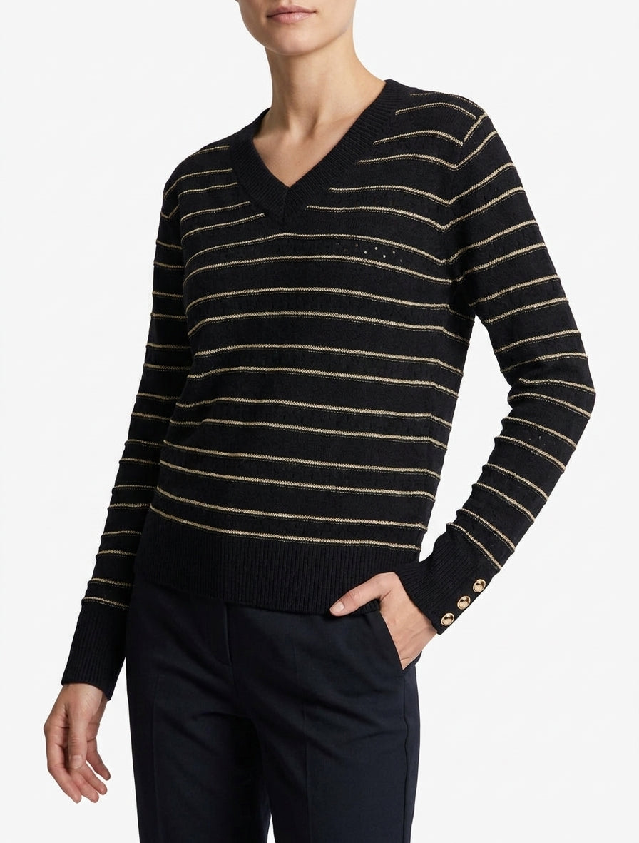 Pull droit à col V et rayures irisées - Noir