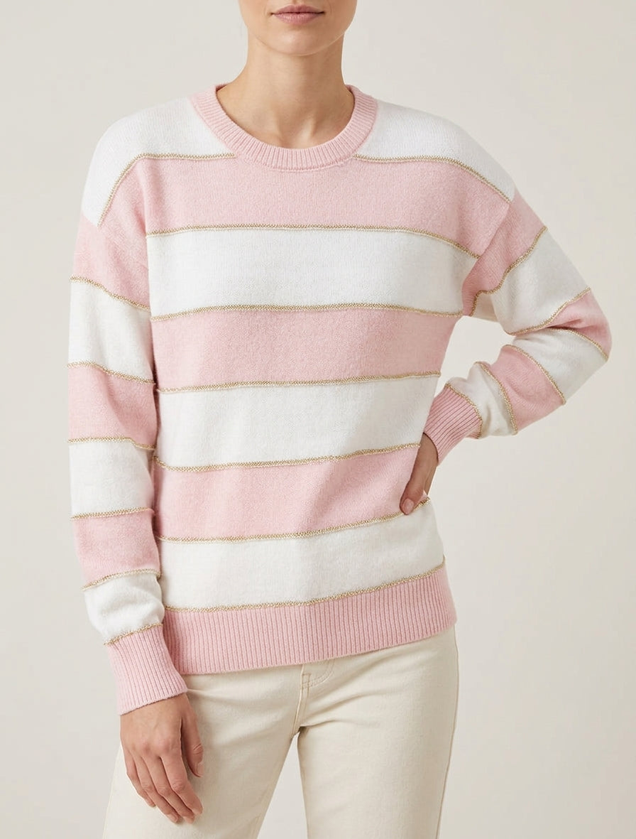 Pull droit rayé à liseré doré et col rond - Rose