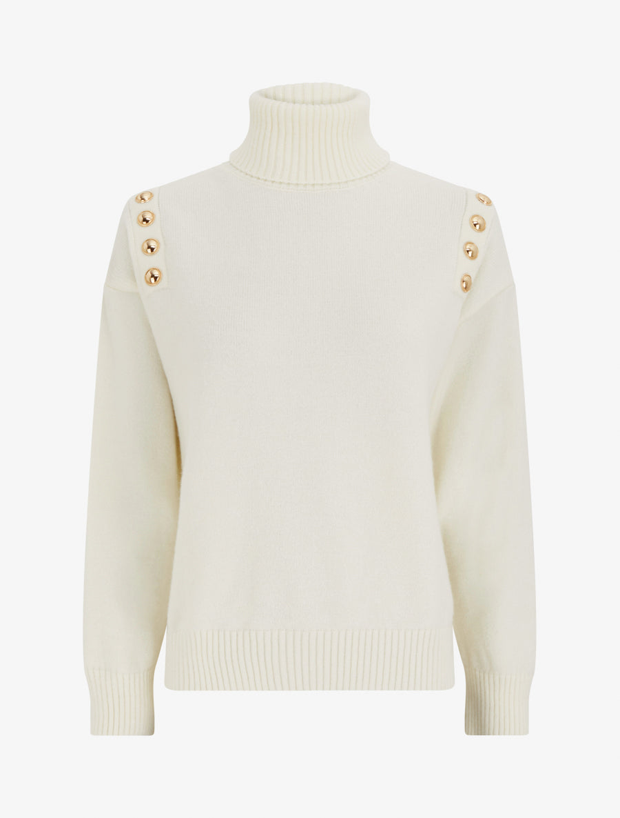 Pull droit à col roulé et boutons décoratifs - Écru - 1