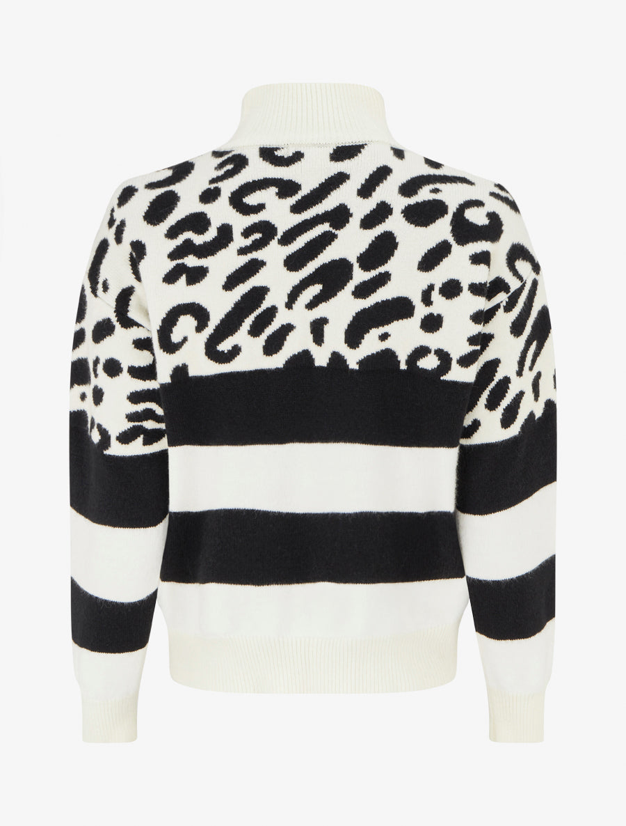 Pull imprimé léopard et rayé à col roulé - Crème - 2