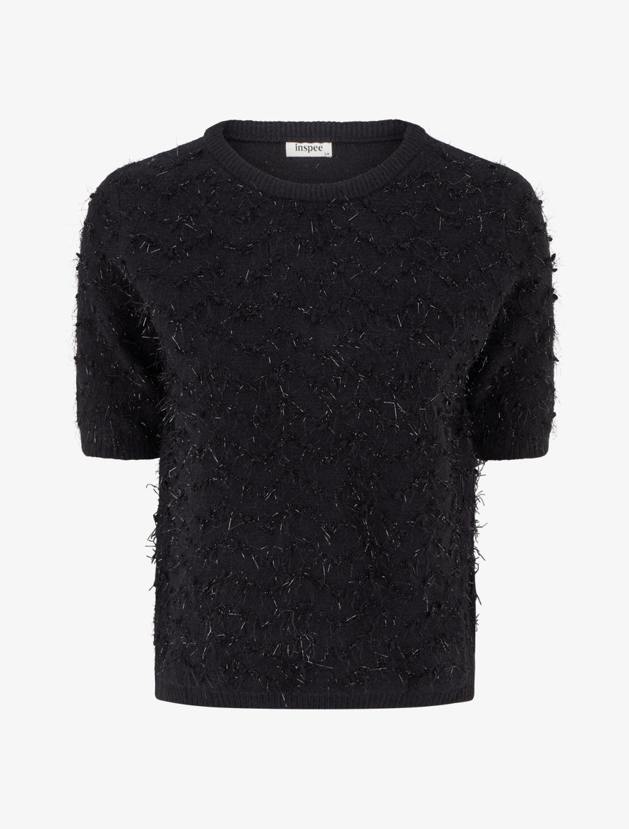 Pull droit manches courtes en maille duveteuse - Noir - 1