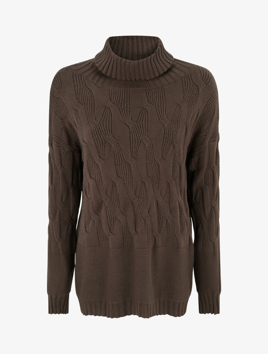 Pull ample à col roulé en maille texturée - Marron - 1