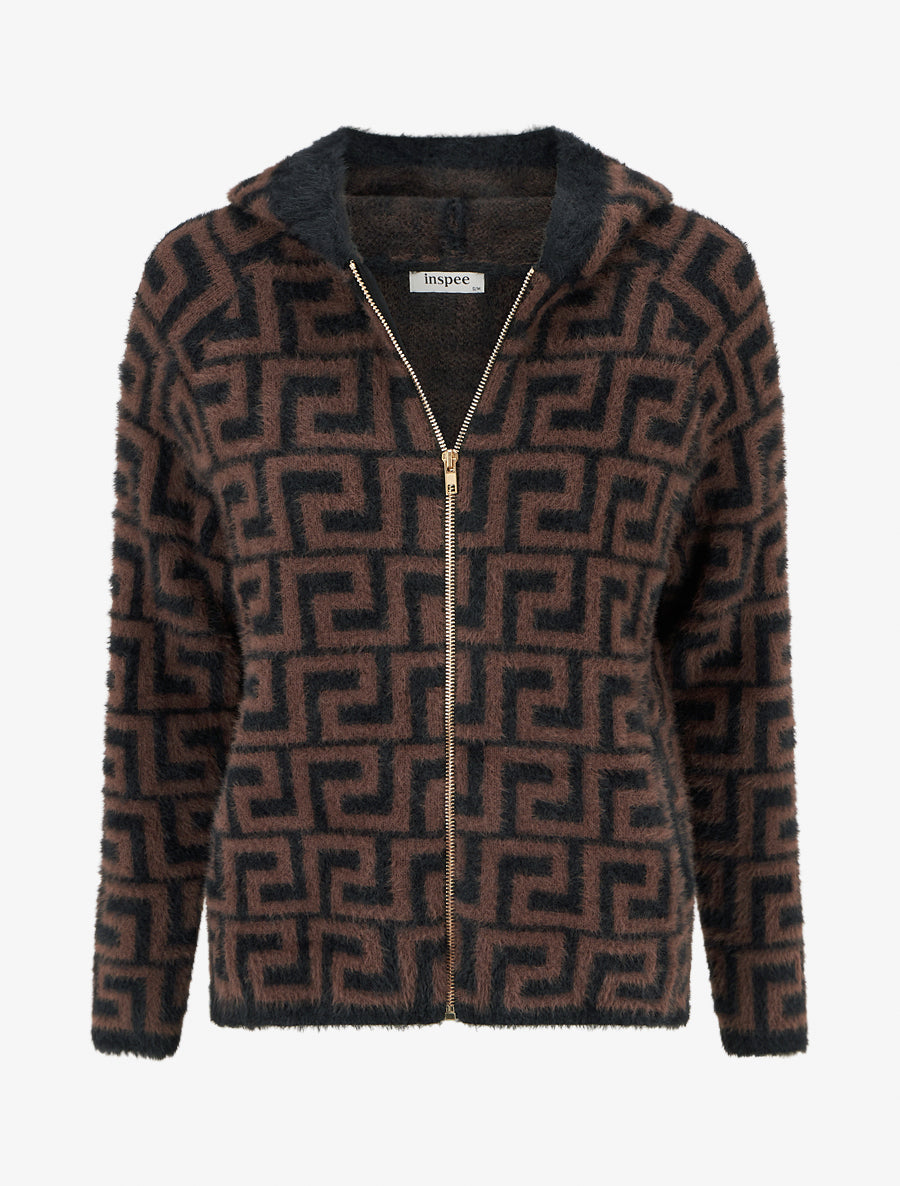 Sweat à capuche en maille duveteuse imprimé graphique - Marron - 1
