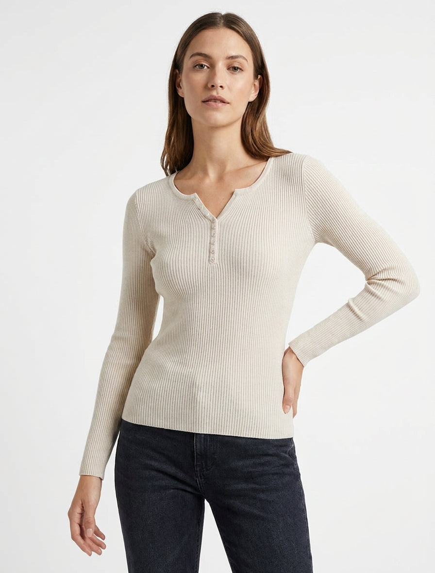 Pull ajusté et côtelé à col tunisien - Beige