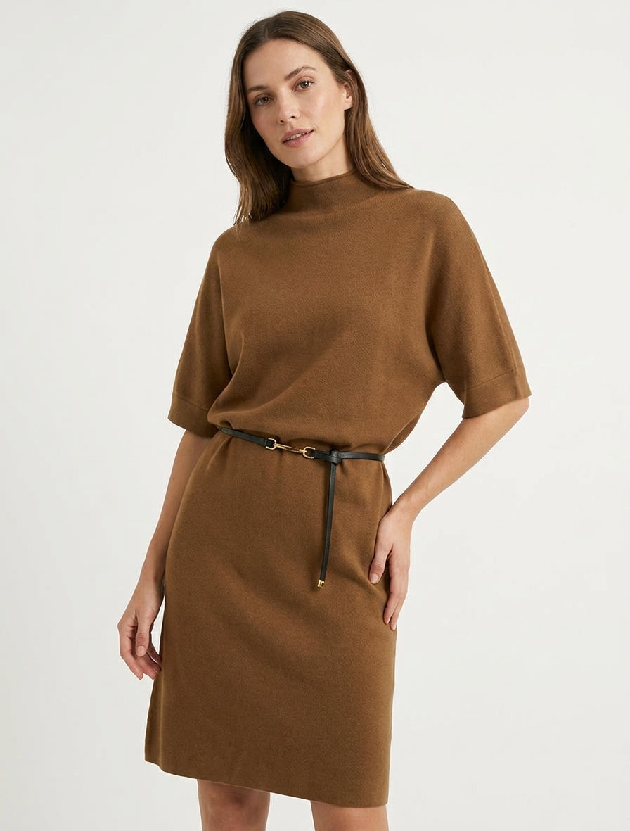 Robe pull droite et ceinturée - Camel
