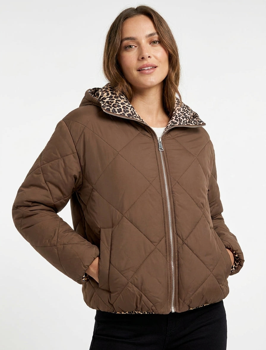 Doudoune zippée matelassée avec doublure léopard - Marron clair