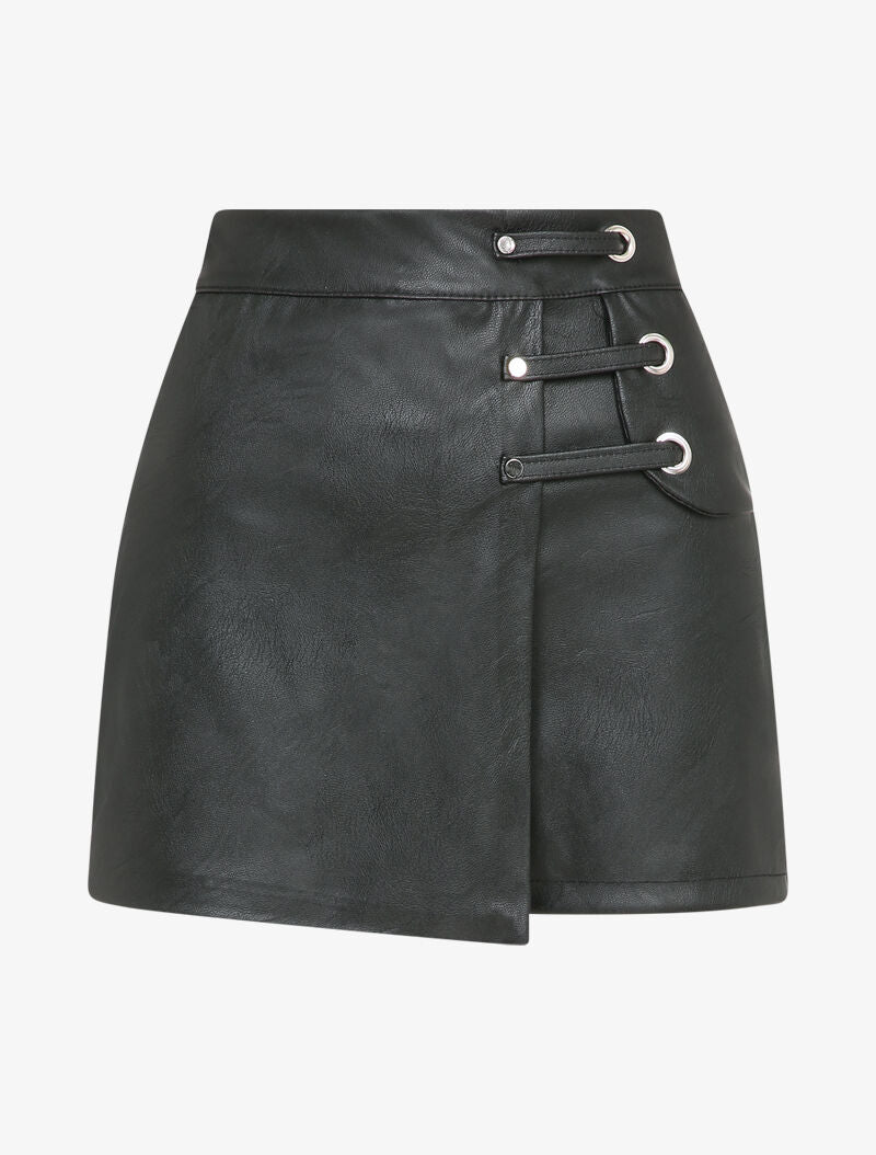 Jupe short en simili à détail lanières - Noir - 1