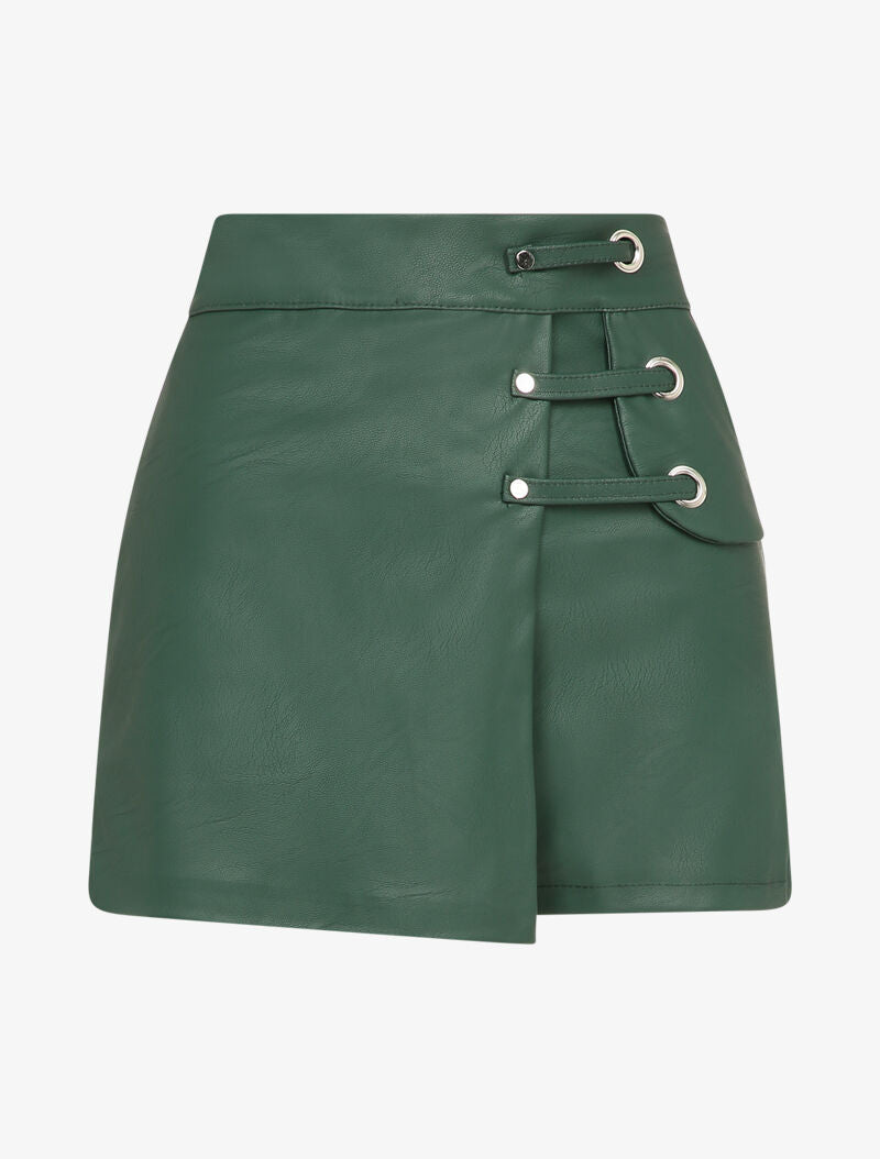 Jupe short en simili à détail lanières - Vert sapin - 4