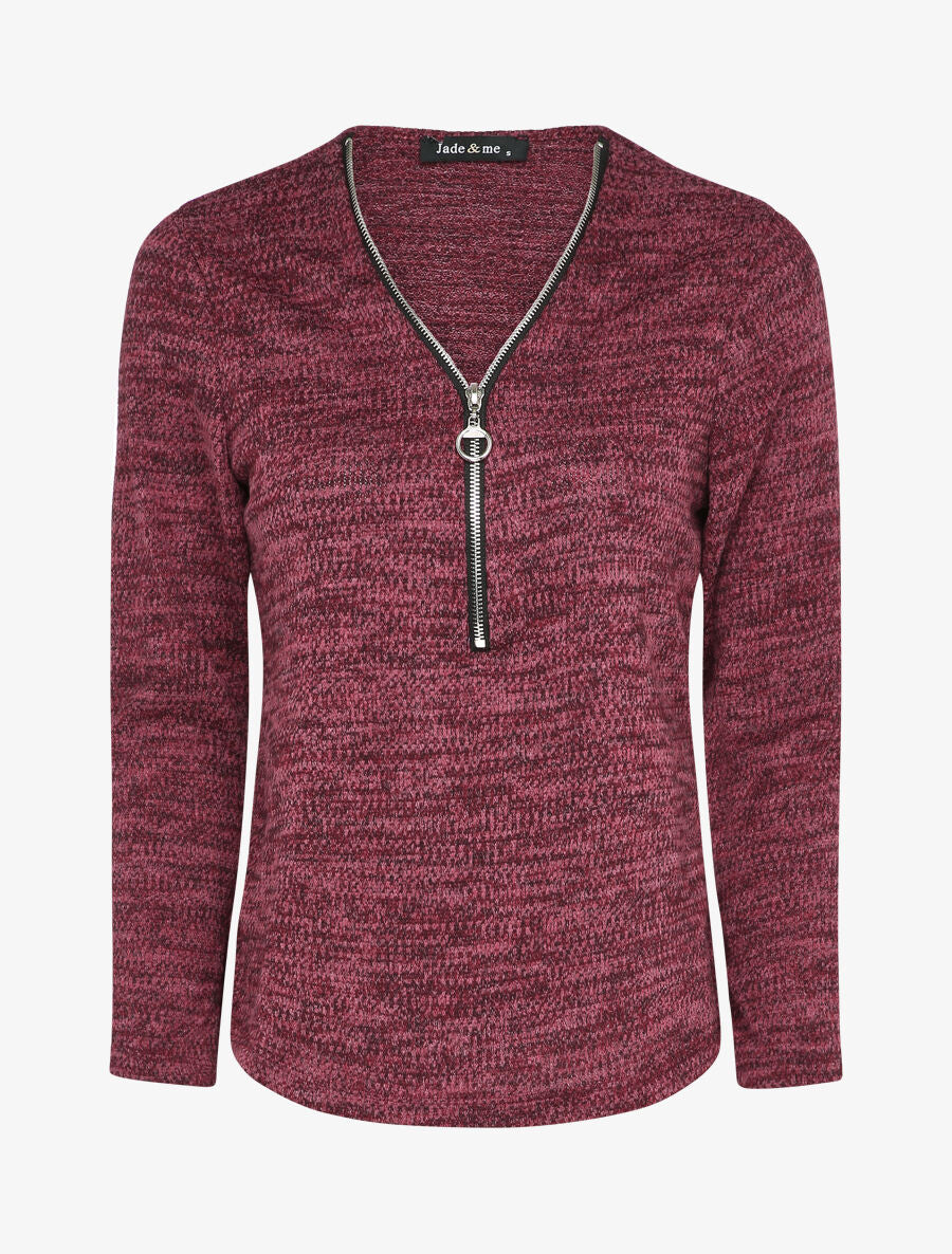 Pull à col V zippé - Bordeaux - 1