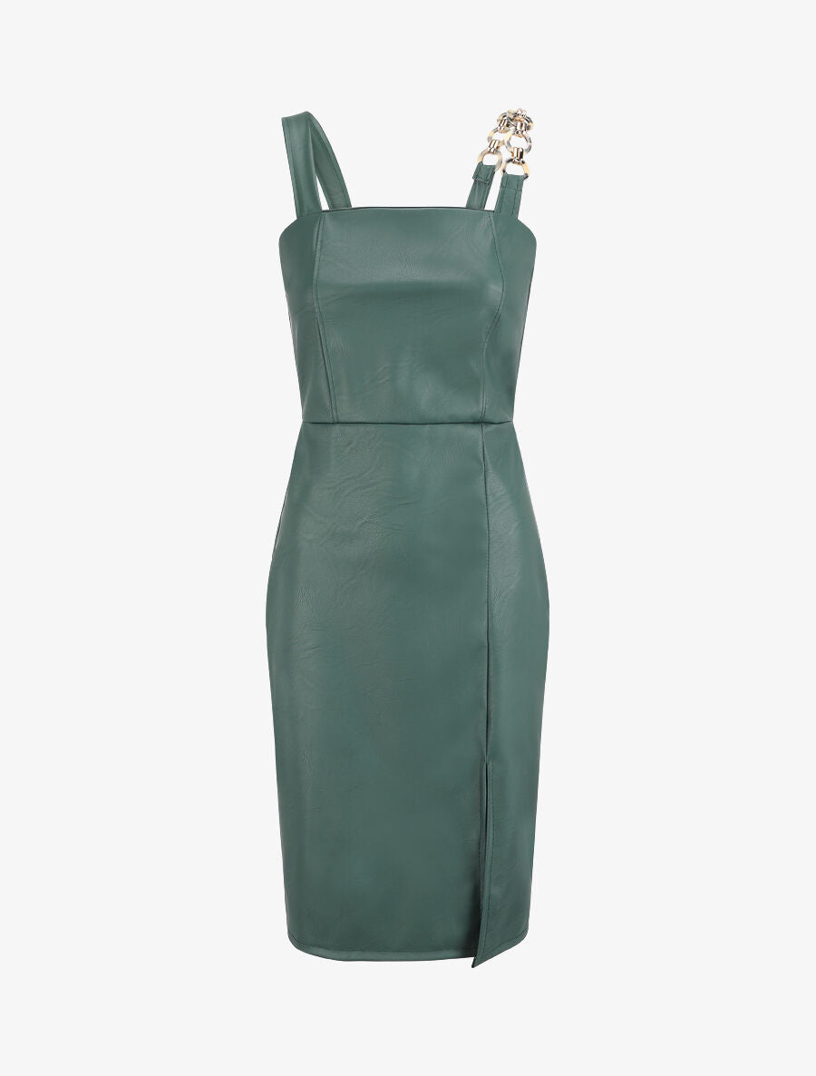 Robe droite en simili à bretelle stylisée - Vert - 1