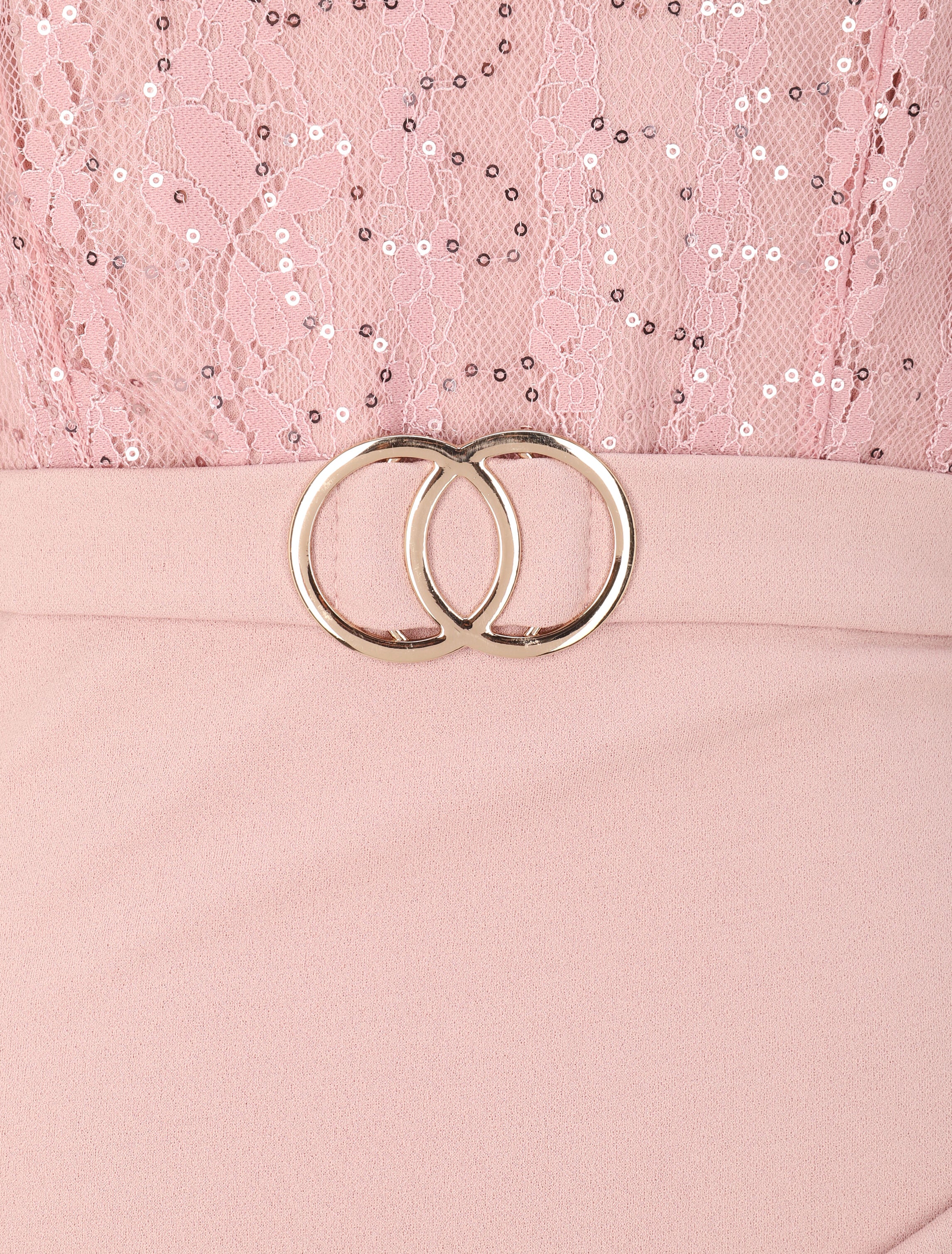Robe drapée à buste en dentelle et sequins - Rose poudré - 3