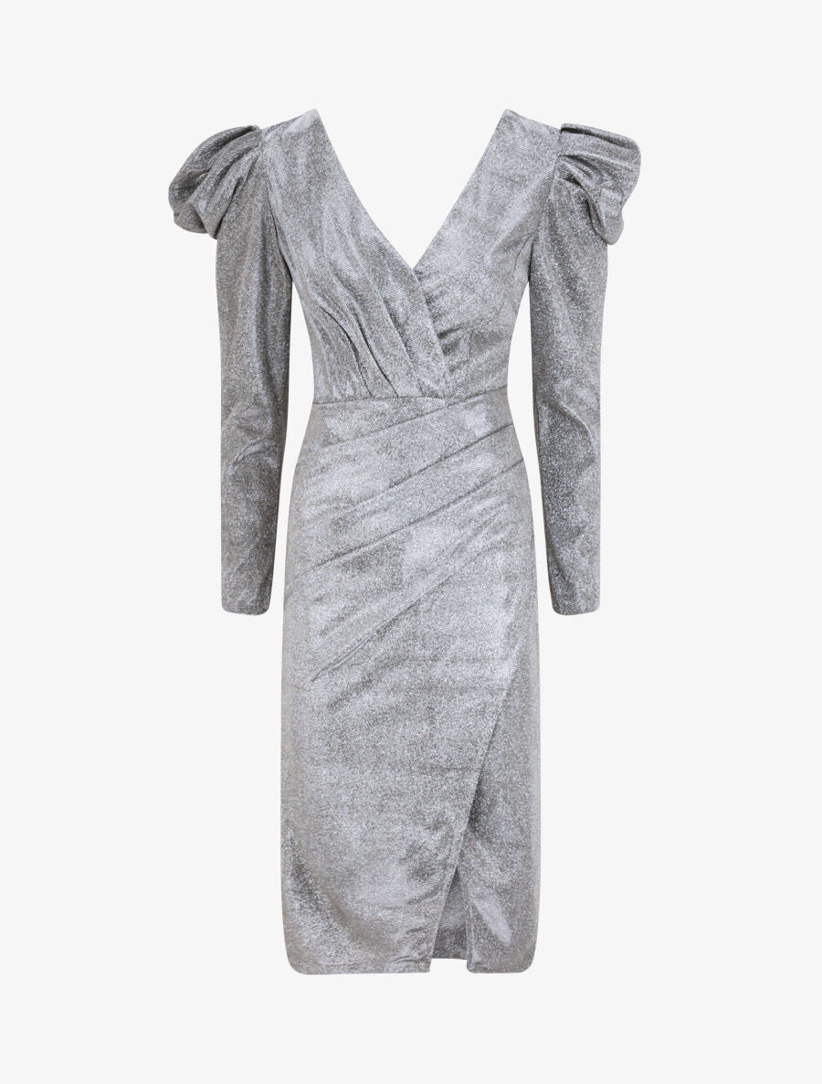 Robe drapée à manches gigot et paillettes - Argent - 4