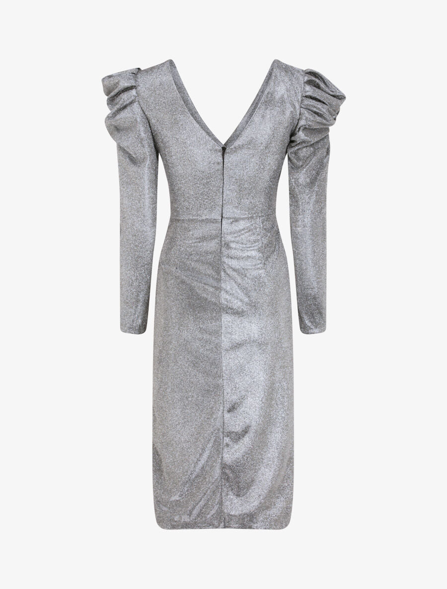 Robe drapée à manches gigot et paillettes - Argent - 2