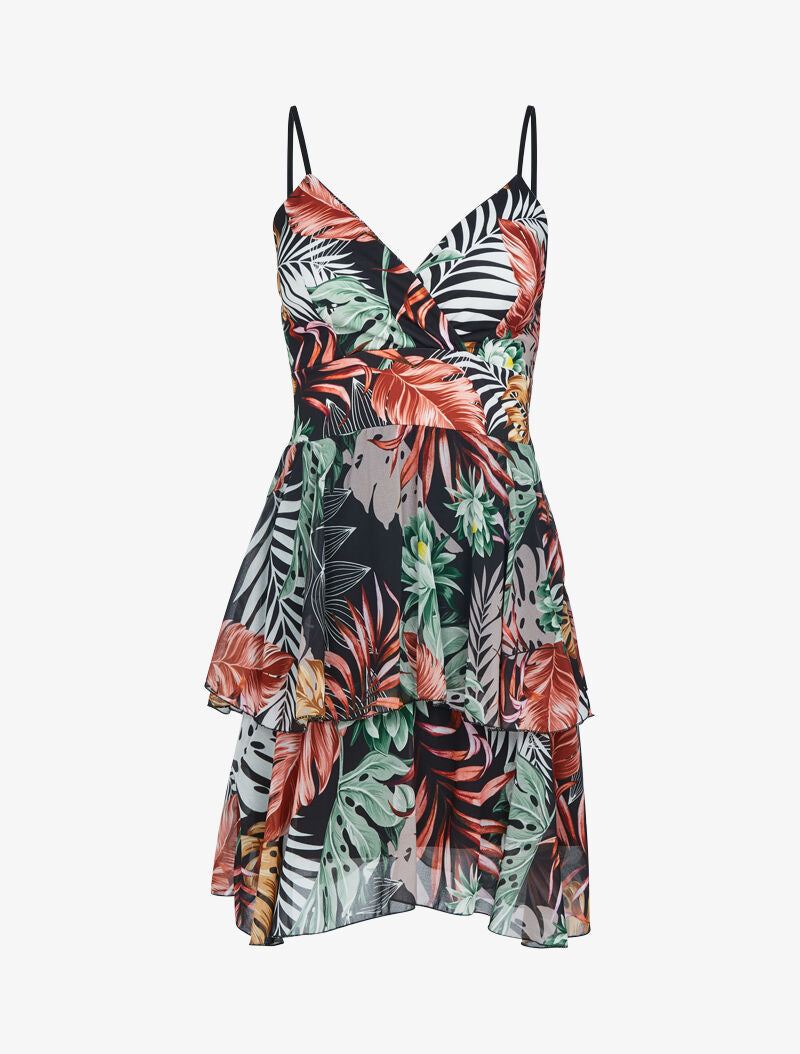 Robe à imprimé tropical et volants - Noir - 4