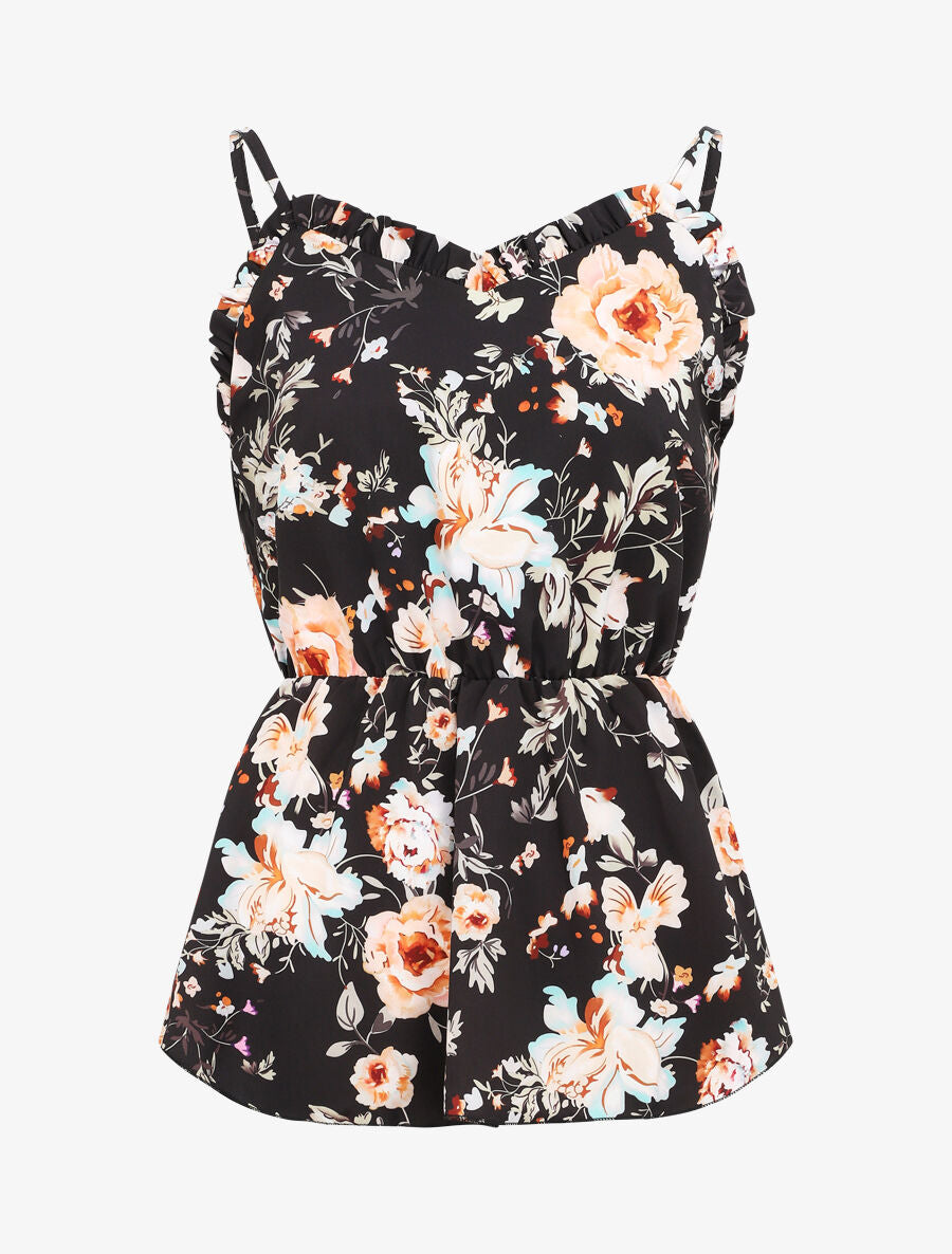 Top péplum imprimé roses - Noir - 4