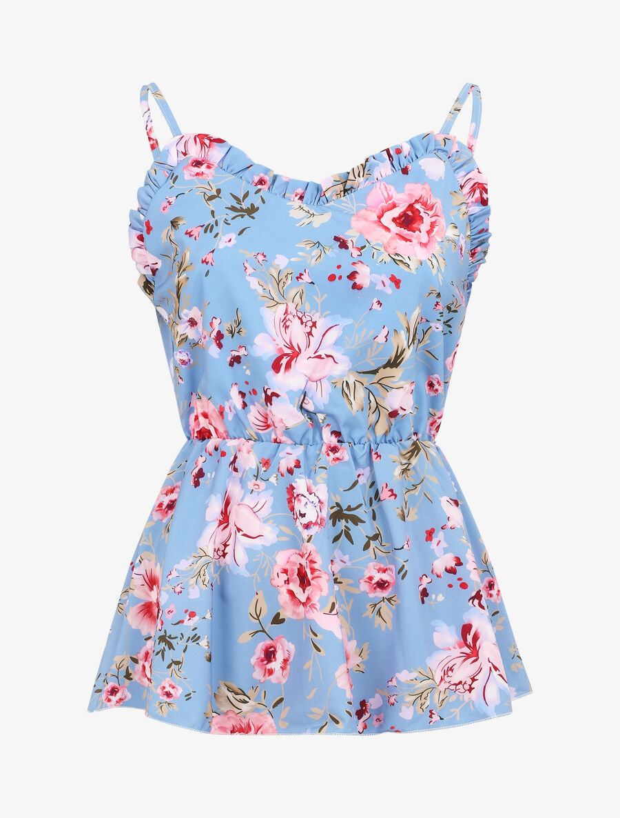 Top péplum imprimé roses - Bleu - 4
