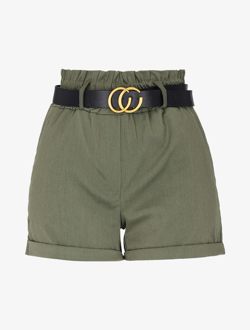 Mini short à ceinture simili - Kaki - 1