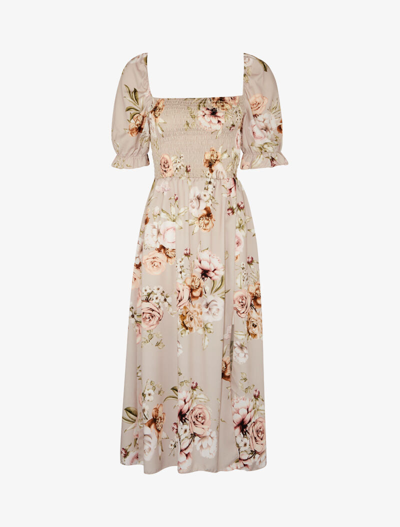 Robe imprimée à buste élastiqué - Beige - 1
