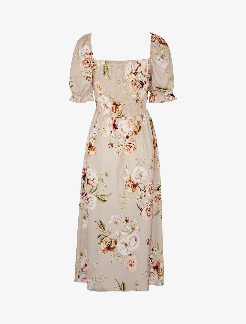 Robe imprimée à buste élastiqué - Beige - 2