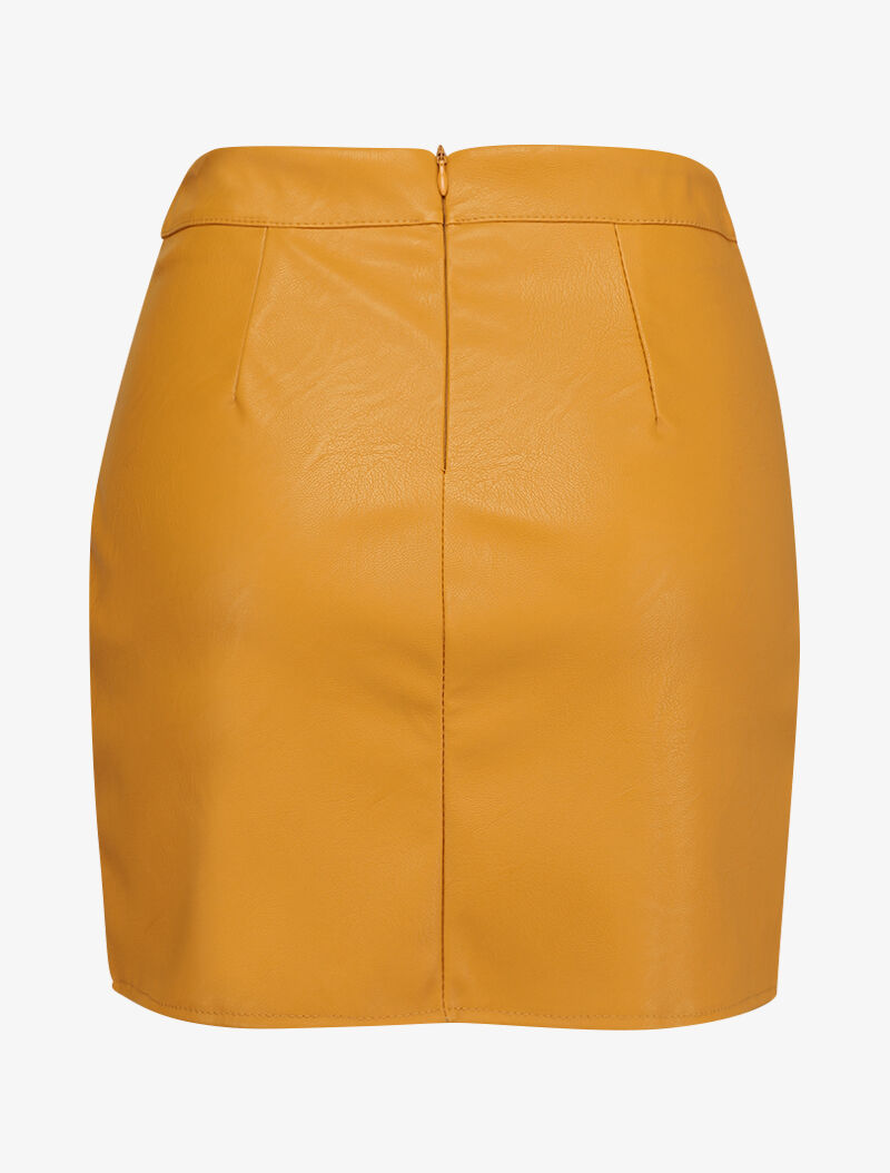 Mini jupe en simili à boutons décoratifs et fente en dentelle - Moutarde - 2