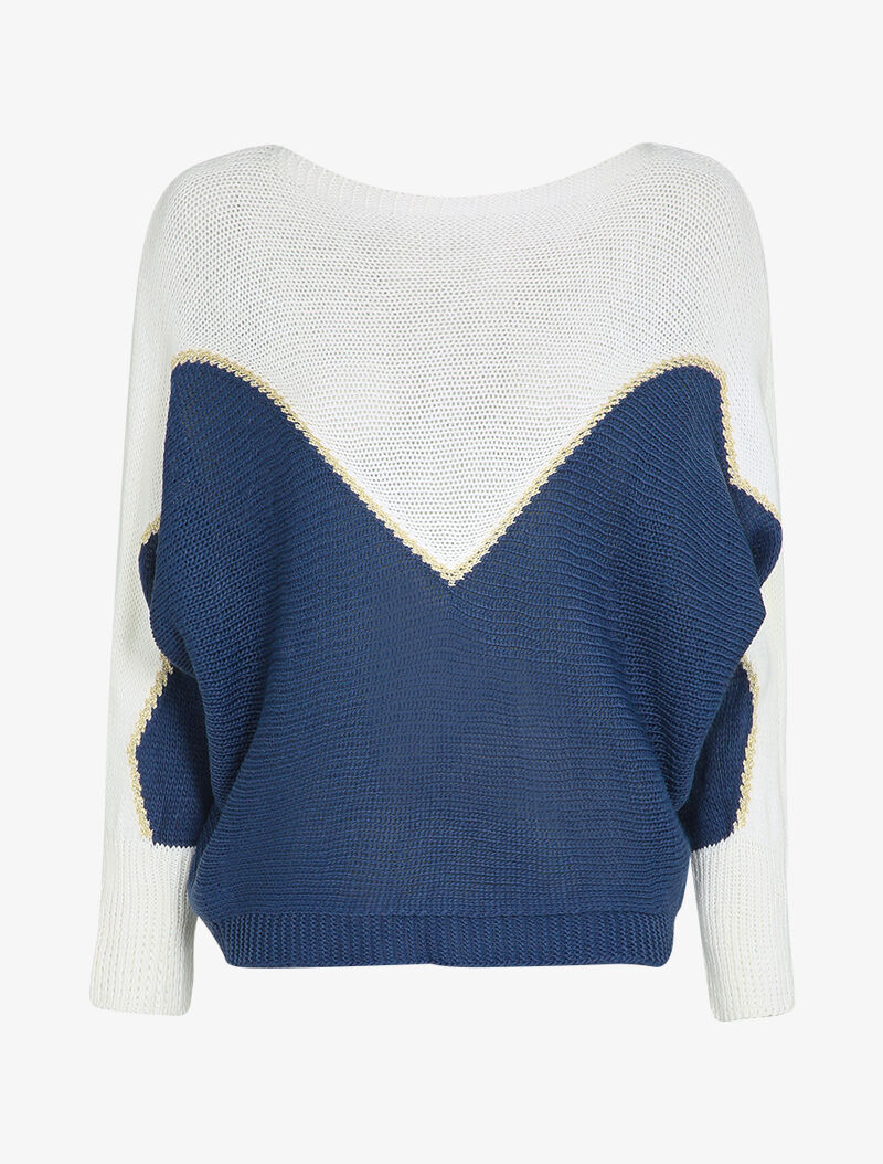 Pull en grosse maille à motif V irisé - Marine - 1