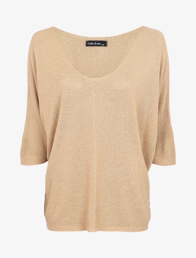 Pull loose en maille fine à manches 3/4 - Beige - 1