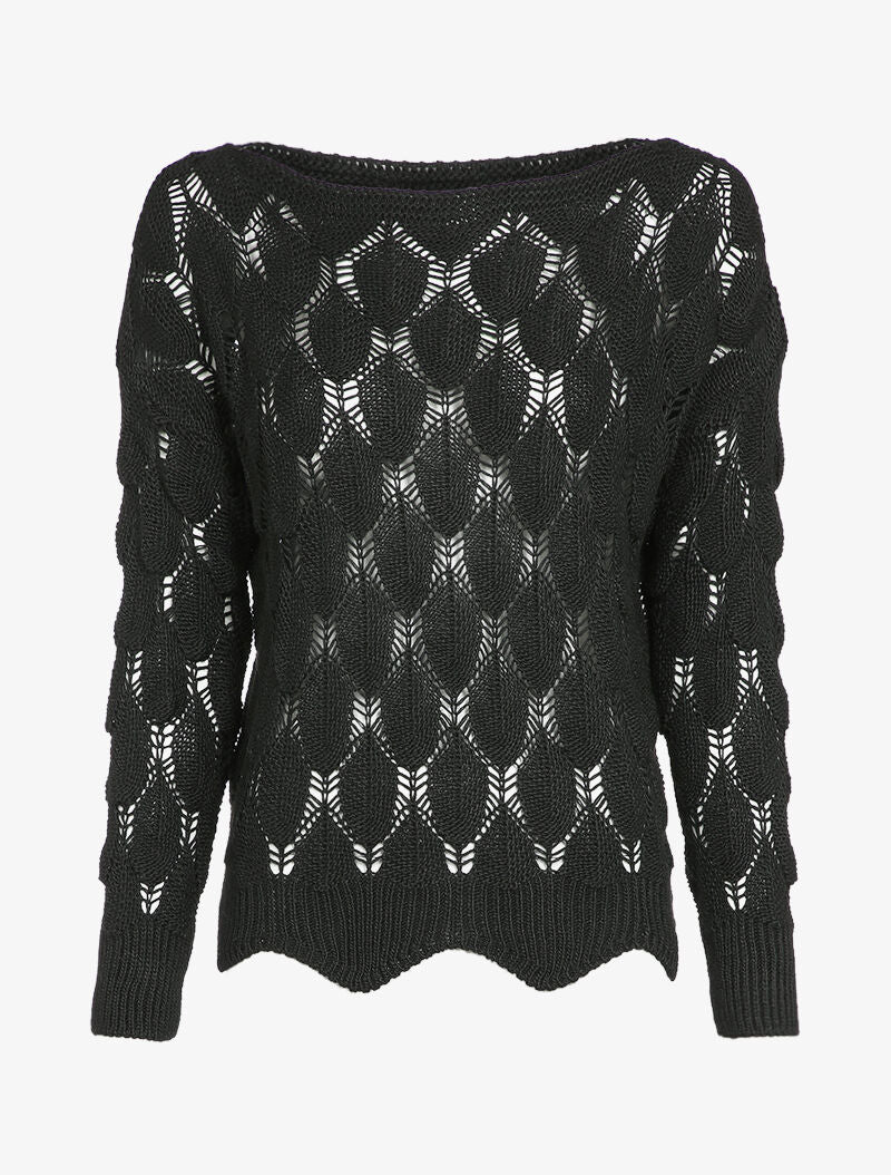 Pull oversize en maille crochet - Noir - 1