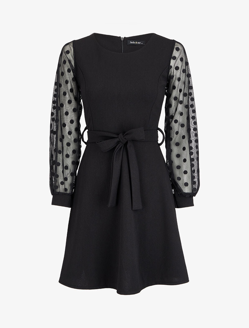 Robe patineuse à manches en voile à pois - Noir - 2