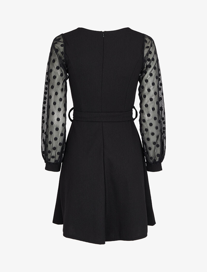 Robe patineuse à manches en voile à pois - Noir - 3