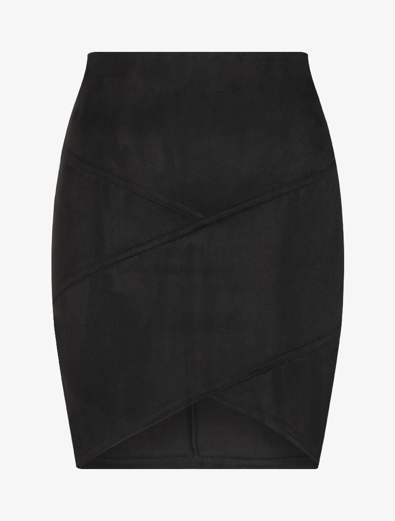 Jupe en suédine à bords asymétriques et coutures contrastantes - Noir - 1