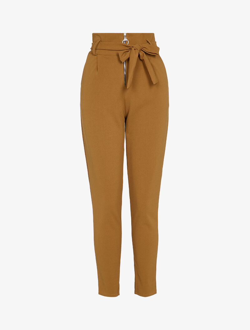 Pantalon carotte zippé à taille empire - Camel - 1