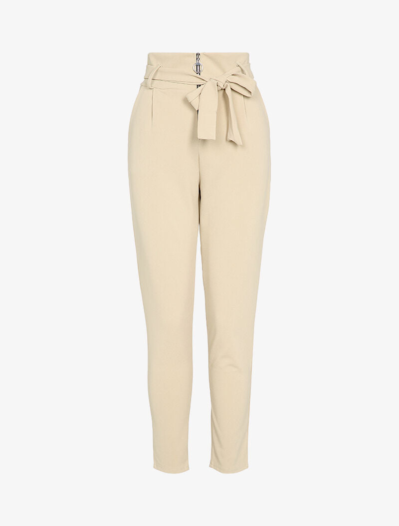 Pantalon carotte zippé à taille empire - Beige - 1