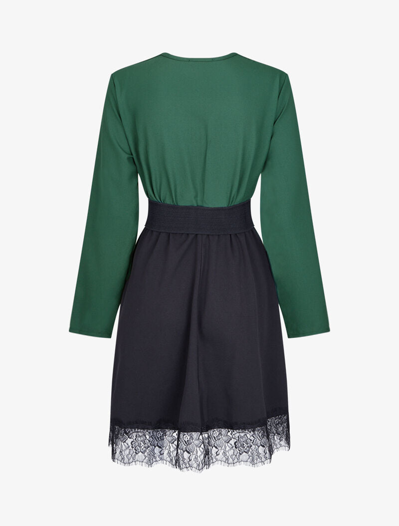 Robe cache-coeur bicolore à bord en dentelle - Vert - 2