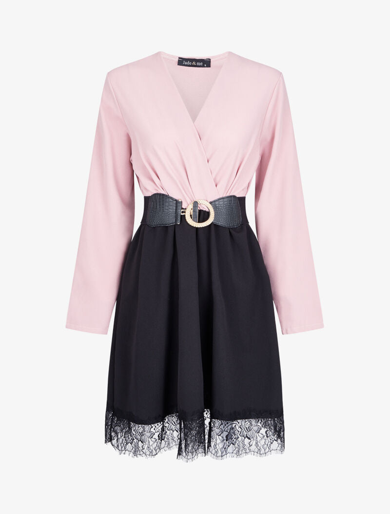 Robe cache-coeur bicolore à bord en dentelle - Rose - 1
