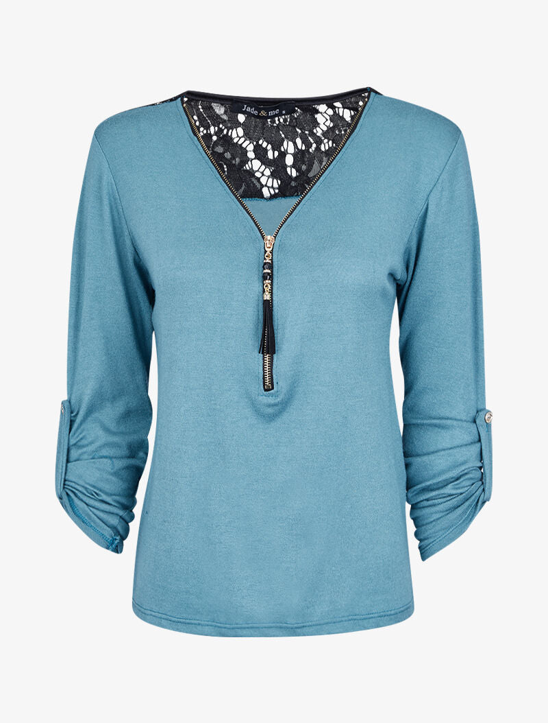 Pull à col zippé et à épaules dentelle - Bleu clair - 4