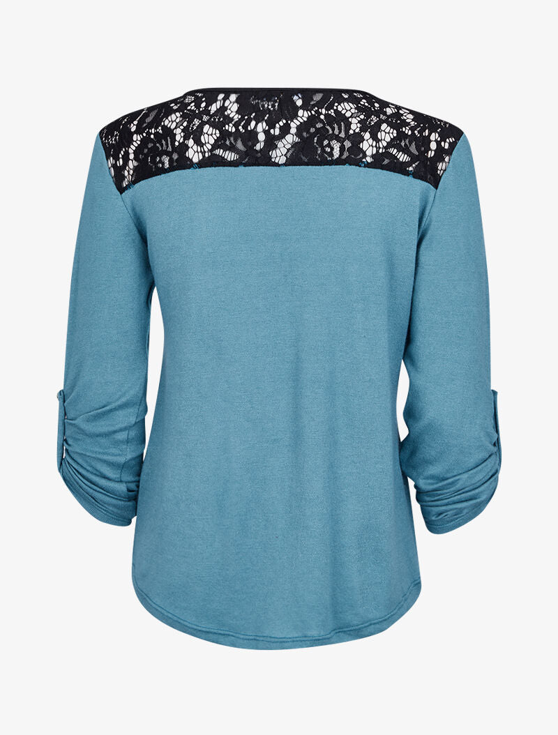 Pull à col zippé et à épaules dentelle - Bleu clair - 2