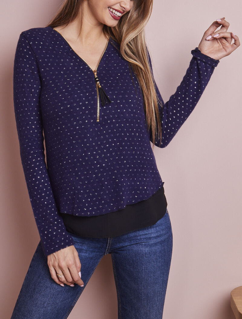 Pull en maille douce à doublure voile - Marine - 1