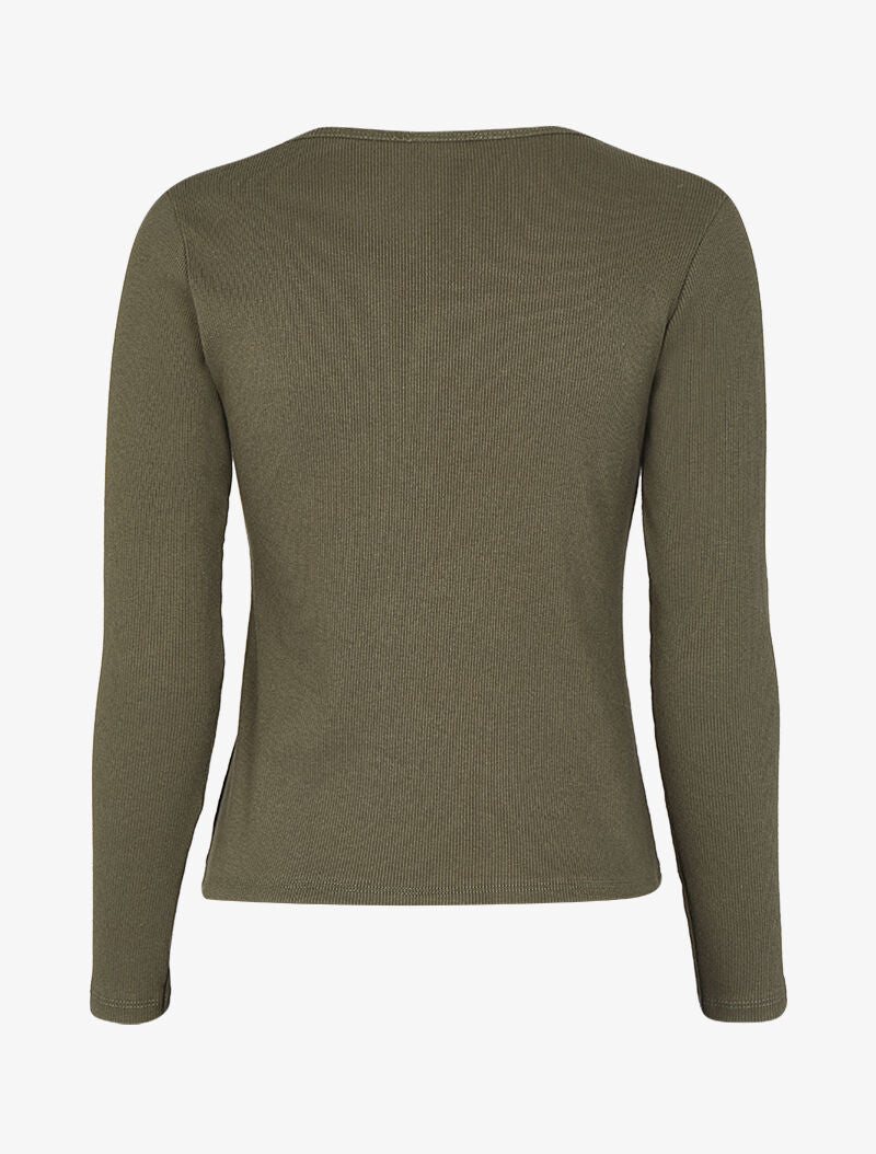 Top côtelé à col rond zippé à détail perles et strass - Kaki - 2